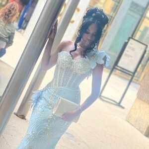 Elegant Light Blue Embellished Mermaid Dress